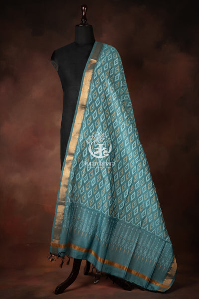 Bhadra - Misty Teal Blue Ikat Silk Cotton Dupatta
