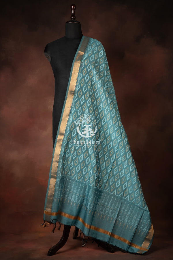 Bhadra - Misty Teal Blue Ikat Silk Cotton Dupatta