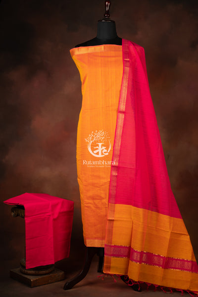 Bhadra - Soft Orange and Pink Handwoven Suit Set