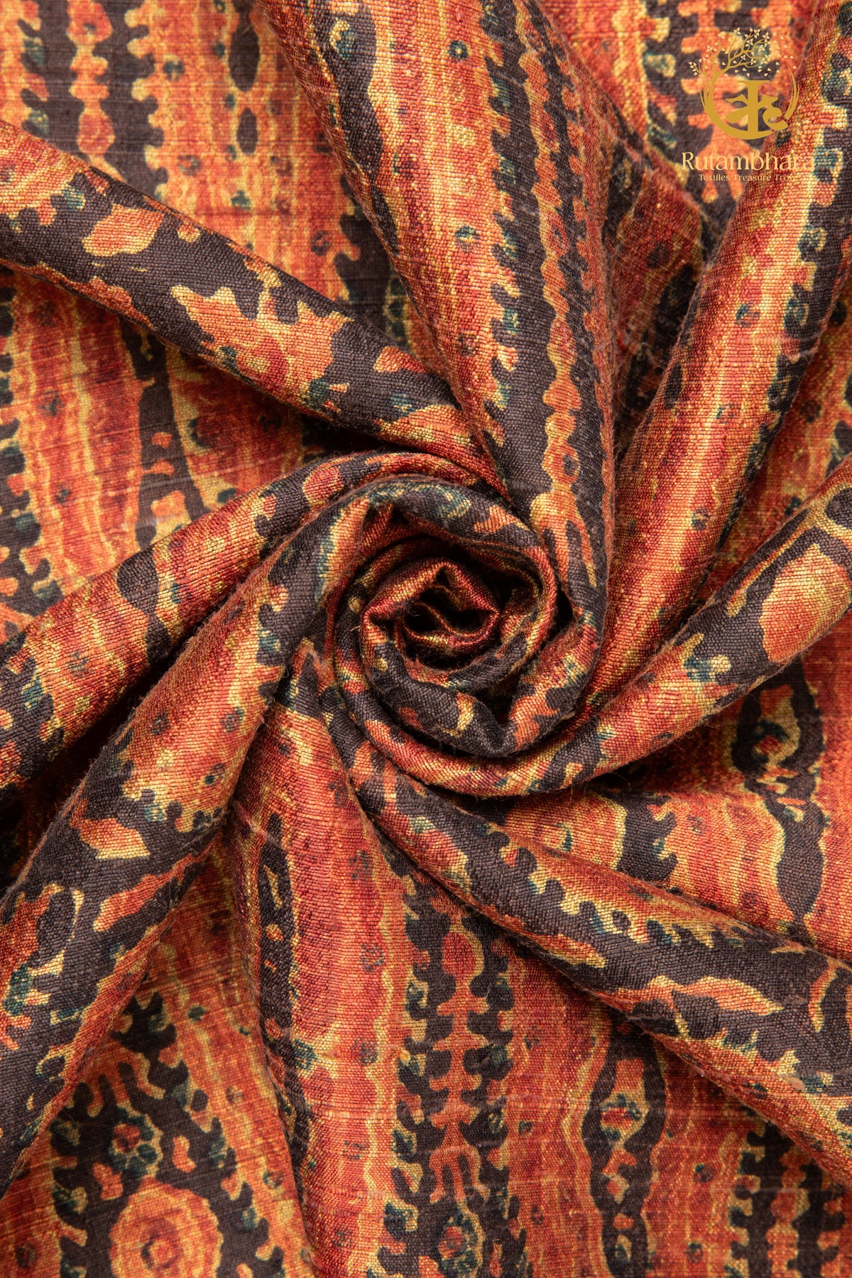 Ushraa - Dawn in Earth & Ember Ajrakh  Silk Fabric - 2.5m
