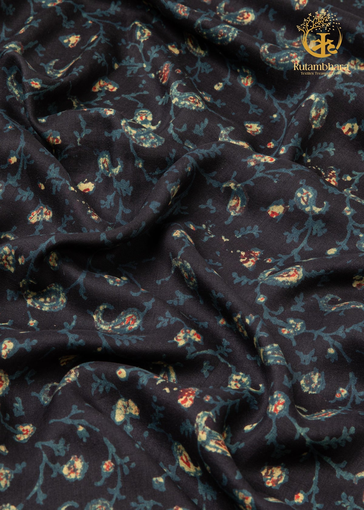 Ushraa - Twilight Vines Ajrakh Silk Fabric - 2.5m