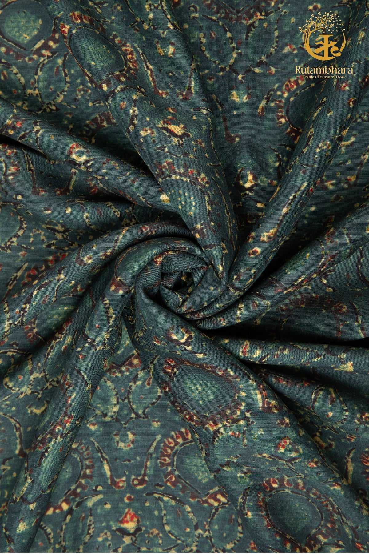 Ushraa - Meadow Blooms Ajrakh Silk Fabric - 2.5m