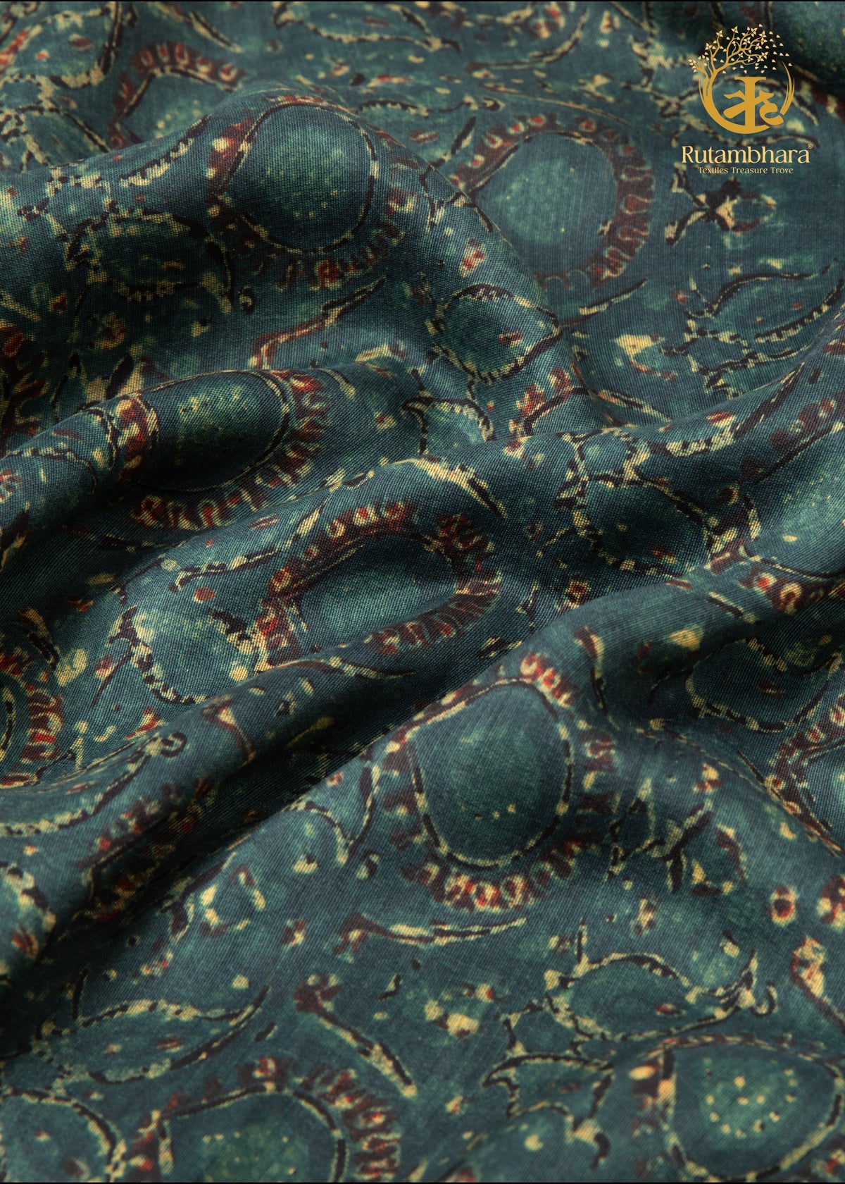 Ushraa - Meadow Blooms Ajrakh Silk Fabric - 2.5m