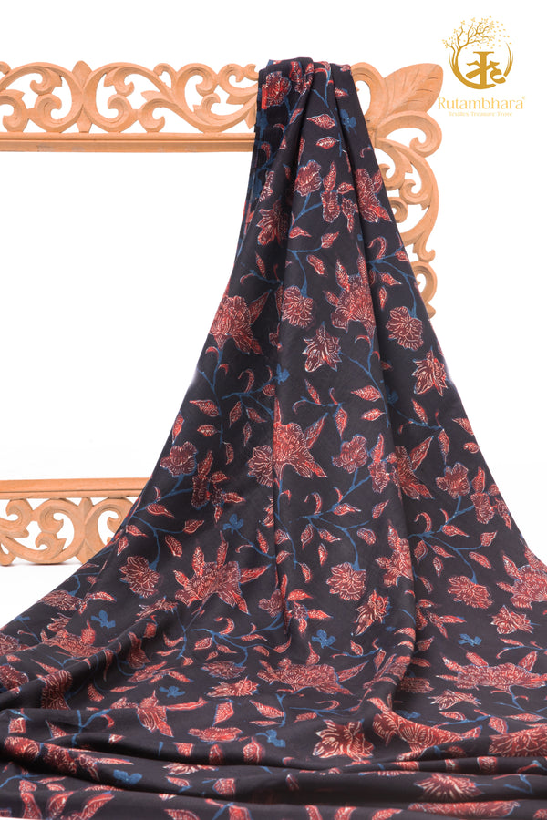 Ushraa - Moonlit Botanica Ajrakh Silk Fabric - 2.5m