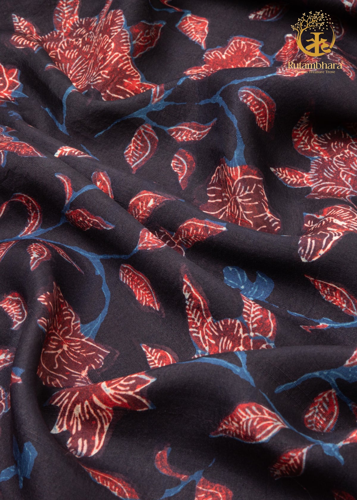 Ushraa - Moonlit Botanica Ajrakh Silk Fabric - 2.5m