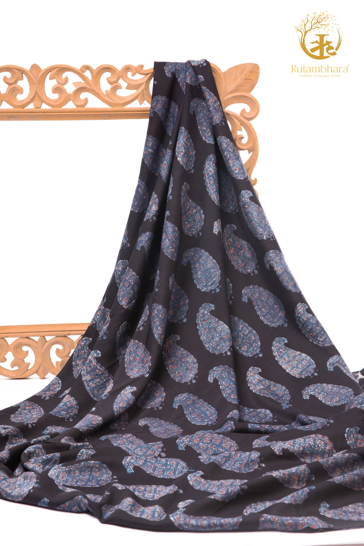 Ushraa - Midnight Paisleys Ajrakh Silk Fabric - 2.5m