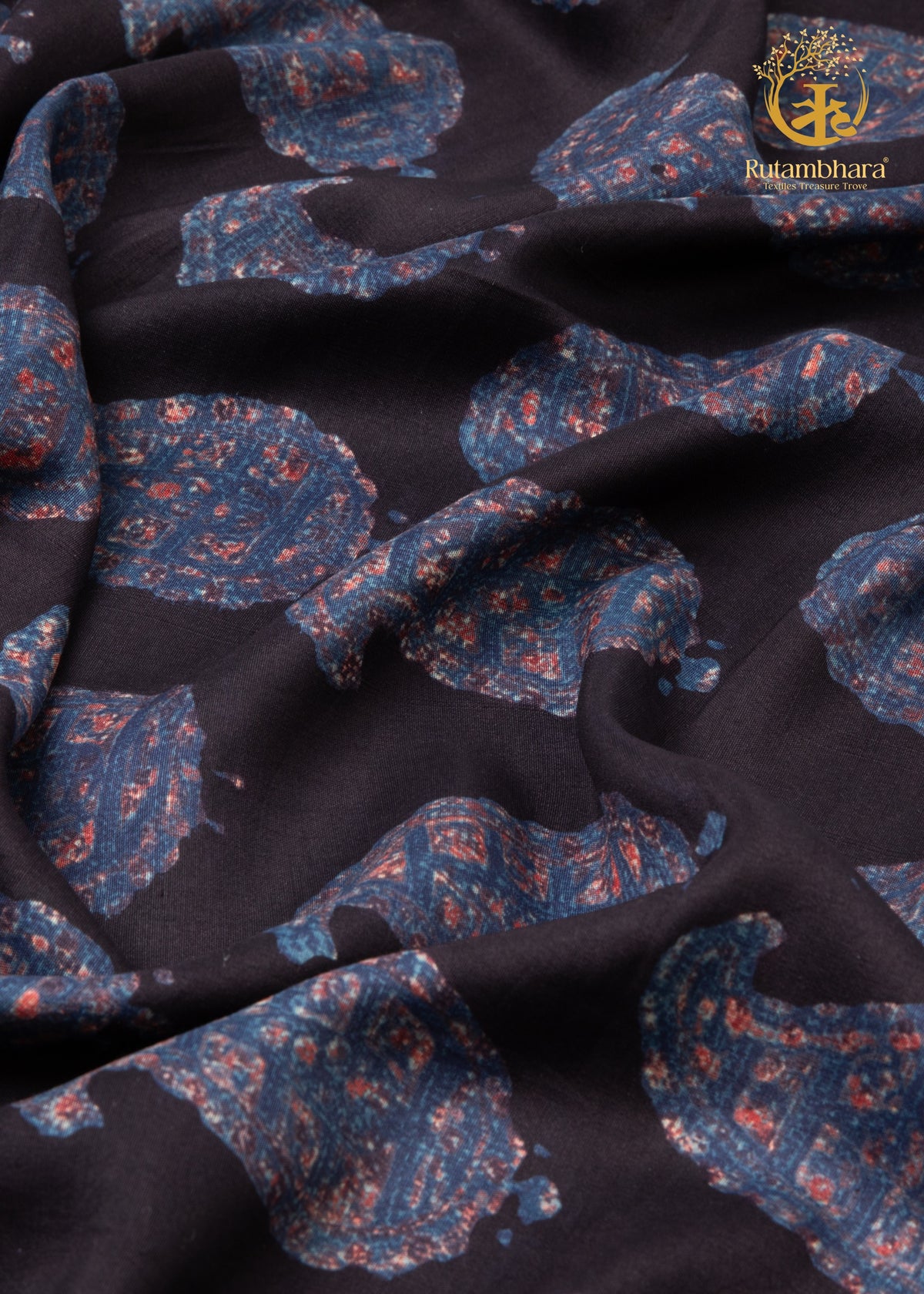 Ushraa - Midnight Paisleys Ajrakh Silk Fabric - 2.5m
