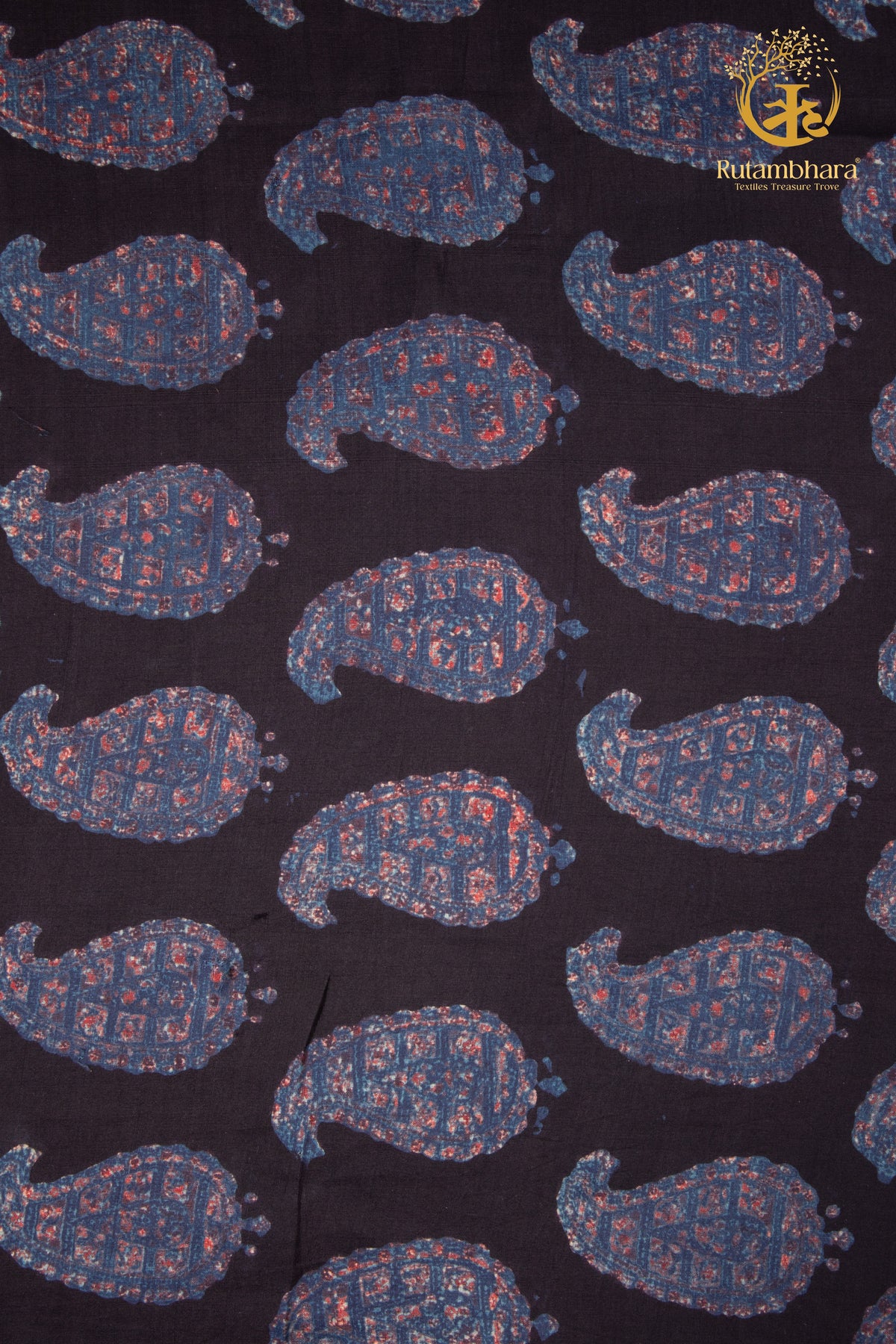 Ushraa - Midnight Paisleys Ajrakh Silk Fabric - 2.5m