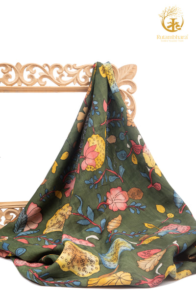 Nzurii | Forest Olive and Powder Blue – Srikalahasti Kalamkari Cotton Fabric