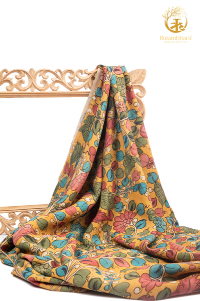 Nzurii | Marigold Yellow and Turquoise Bloom – Srikalahasti Kalamkari Cotton Fabric
