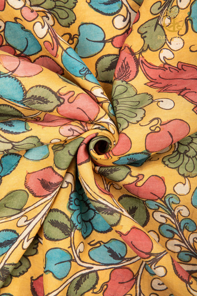 Nzurii | Marigold Yellow and Turquoise Bloom – Srikalahasti Kalamkari Cotton Fabric