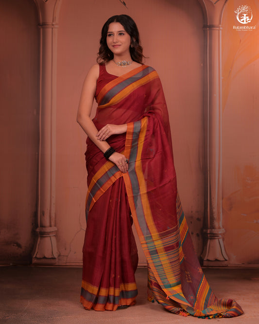 JESAAL -  Handloom Cotton Eri Silk Saree With Kutchhi Craftsmanship