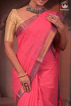 Bhadra - Elegant Pink Pure Cotton Saree with Zari Border and Kalamkari Blouse Piece
