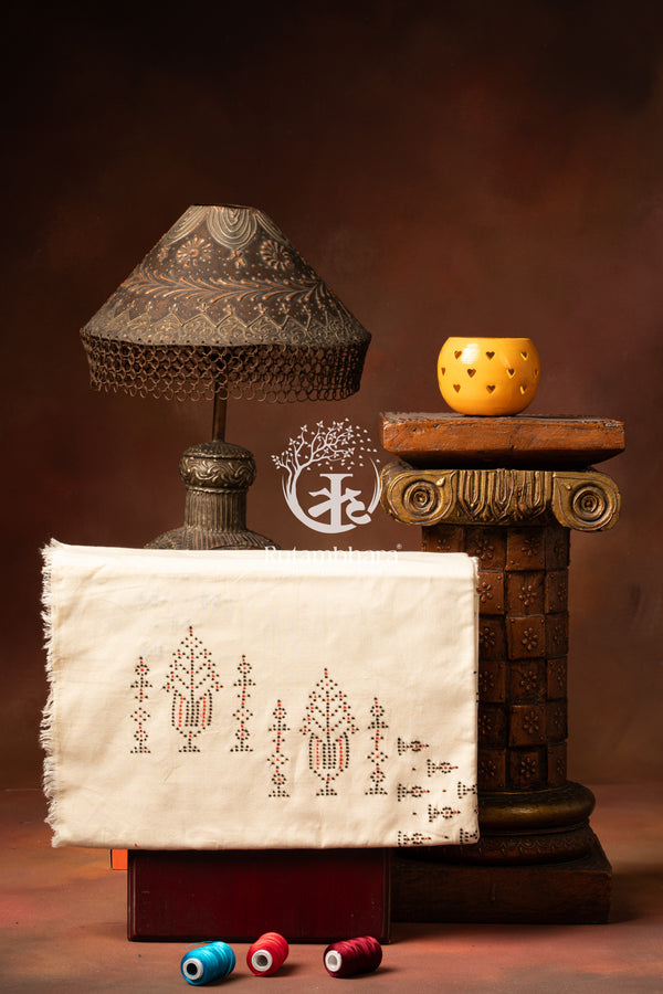 NUKTAA - OFF WHITE HANDWOVEN TANGALIYA COTTON KURTA FABRIC