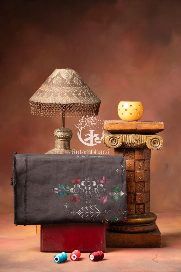 NUKTAA - SLATE BLACK HANDWOVEN TANGALIYA COTTON KURTA FABRIC