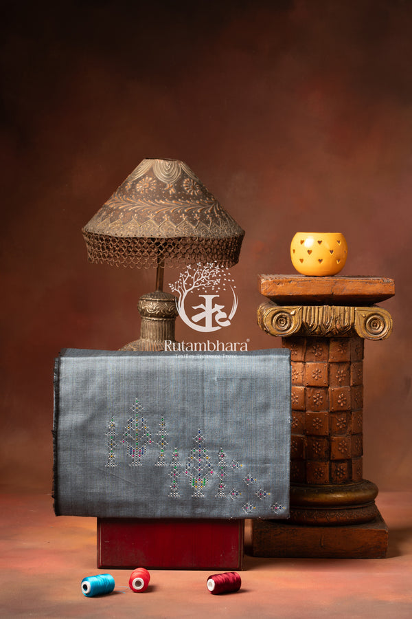 NUKTAA - SMOKY BLUE GREY HANDWOVEN TANGALIYA COTTON KURTA FABRIC