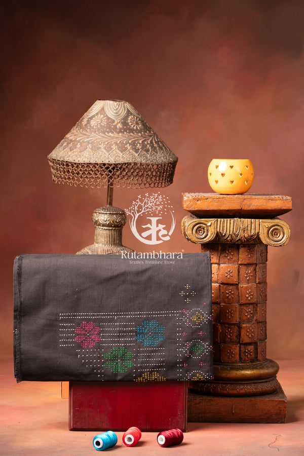 NUKTAA - CHARCOAL SLATE HANDWOVEN TANGALIYA COTTON KURTA FABRIC