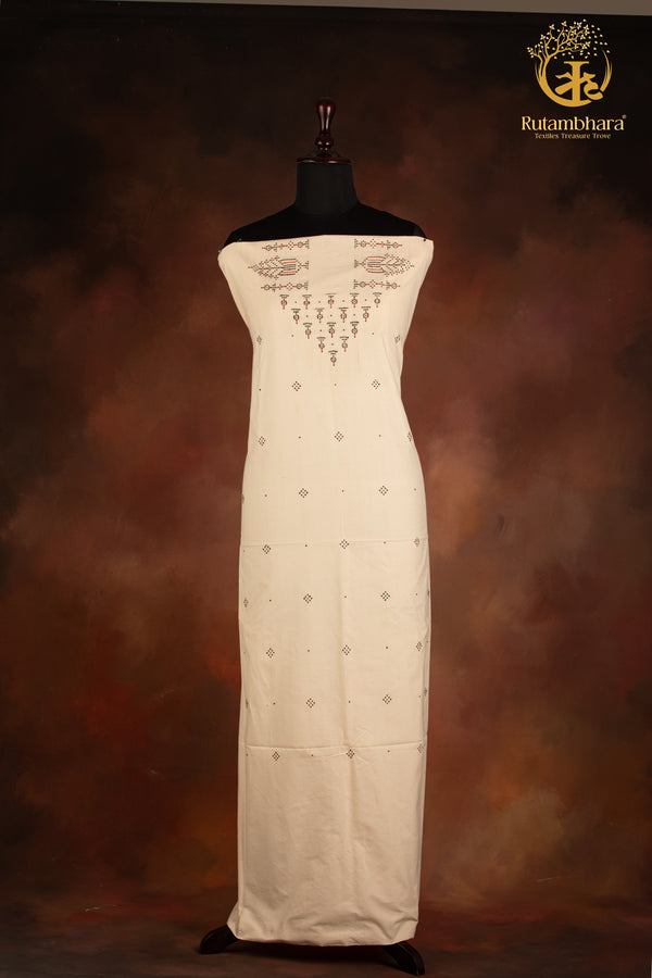 NUKTAA - OFF WHITE HANDWOVEN TANGALIYA COTTON KURTA FABRIC