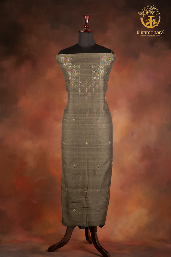 NUKTAA - CHARCOAL OLIVE HANDWOVEN TANGALIYA COTTON KURTA FABRIC