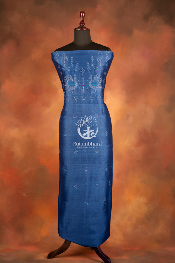 NUKTAA - SMOKY COBALT BLUE HANDWOVEN TANGALIYA COTTON KURTA FABRIC