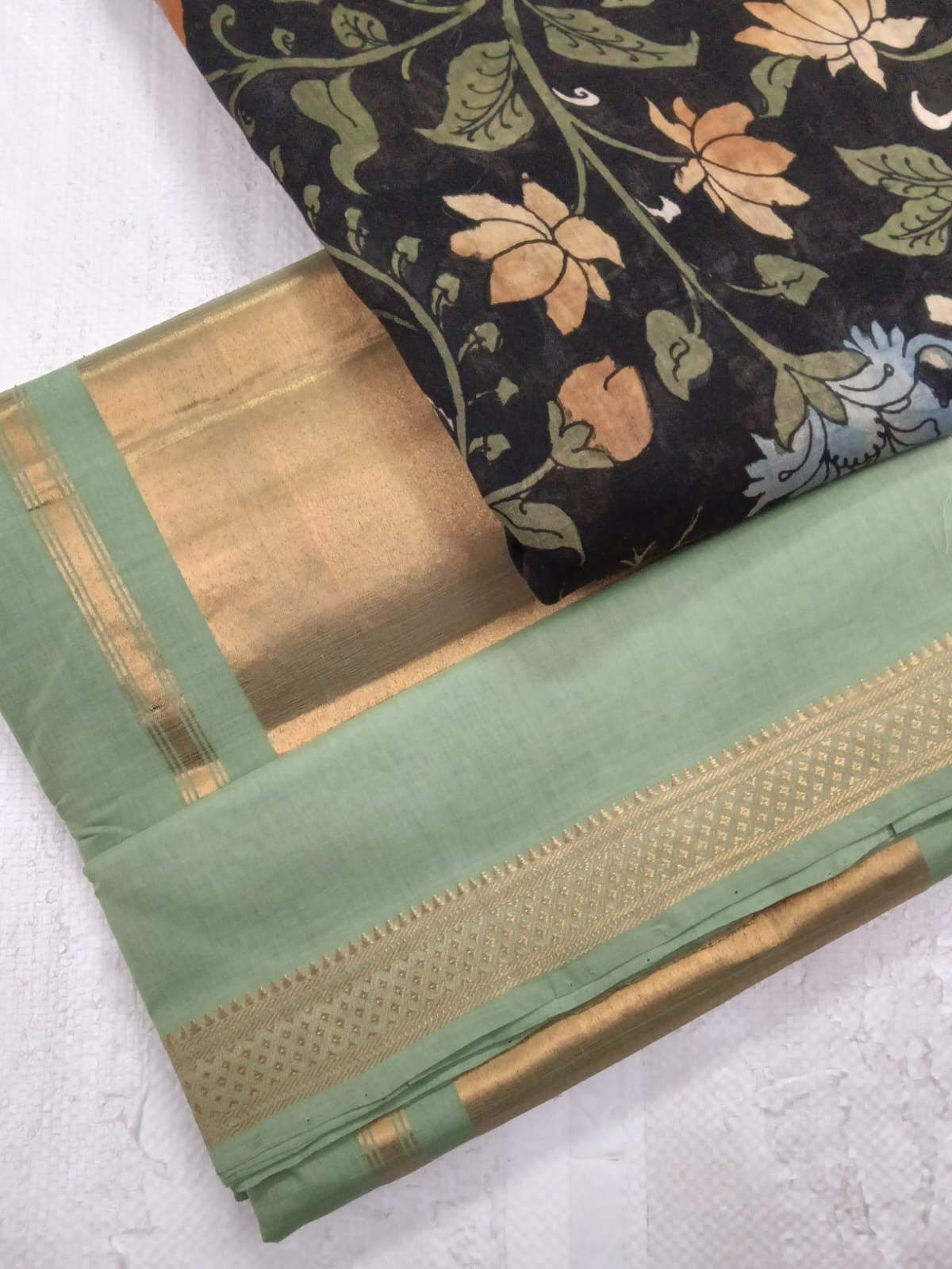 BHADRA - Elegant Pastel green Pure Cotton Saree with Gold Border and Kalamkari Blouse