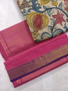 Bhadra - Elegant Pink Pure Cotton Saree with Zari Border and Kalamkari Blouse Piece