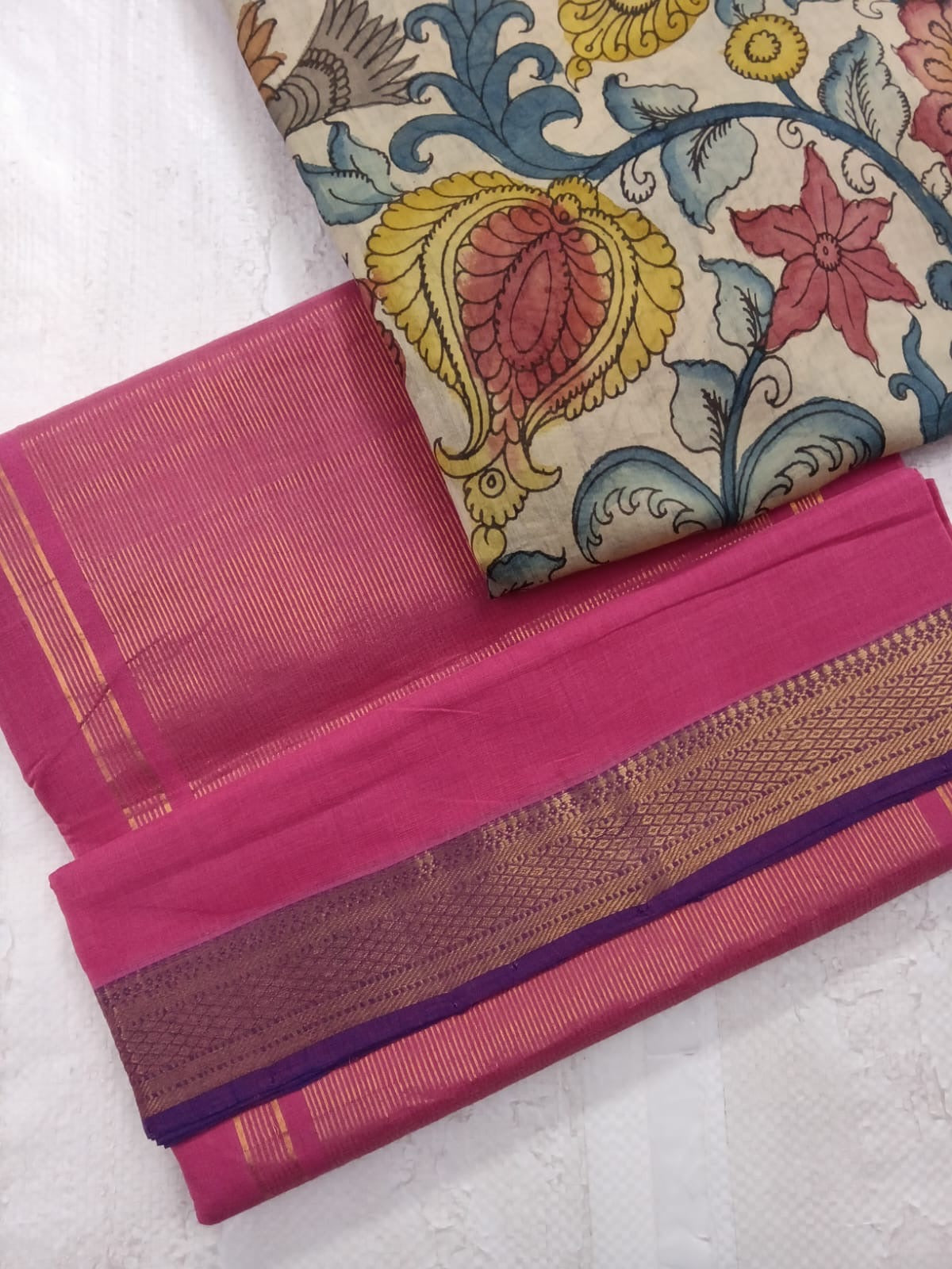 Bhadra - Elegant Pink Pure Cotton Saree with Zari Border and Kalamkari Blouse Piece