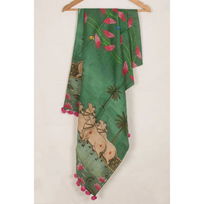 Pichwai Printed Tussar Linen Dupatta-Rutambhara-RUTAMBHARA
