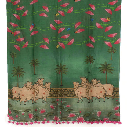 Pichwai Printed Tussar Linen Dupatta-Rutambhara-RUTAMBHARA