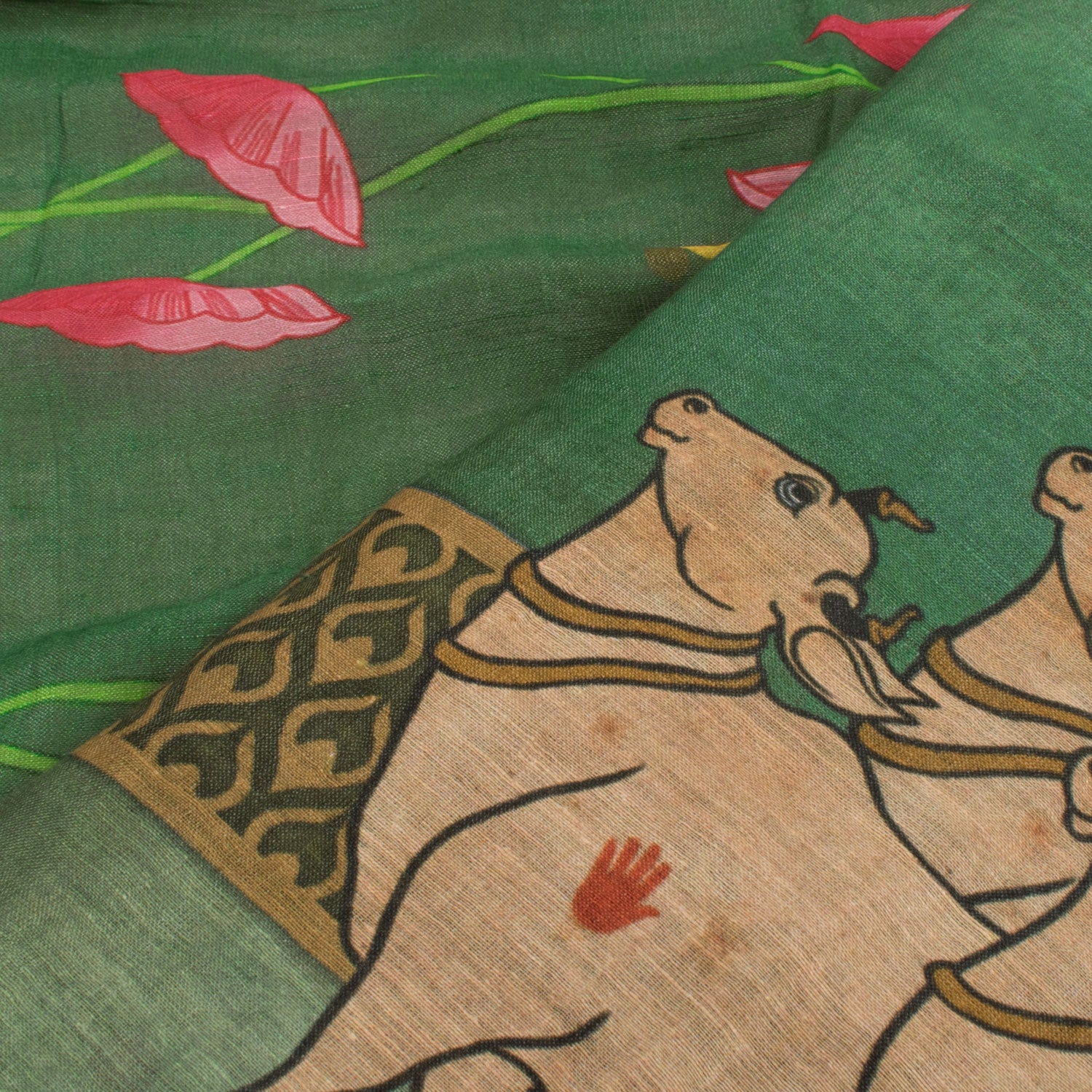 Pichwai Printed Tussar Linen Dupatta-Rutambhara-RUTAMBHARA