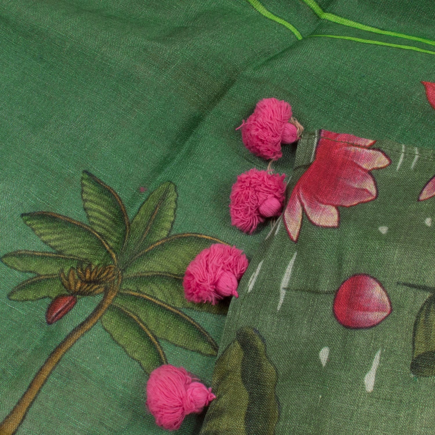 Pichwai Printed Tussar Linen Dupatta-Rutambhara-RUTAMBHARA