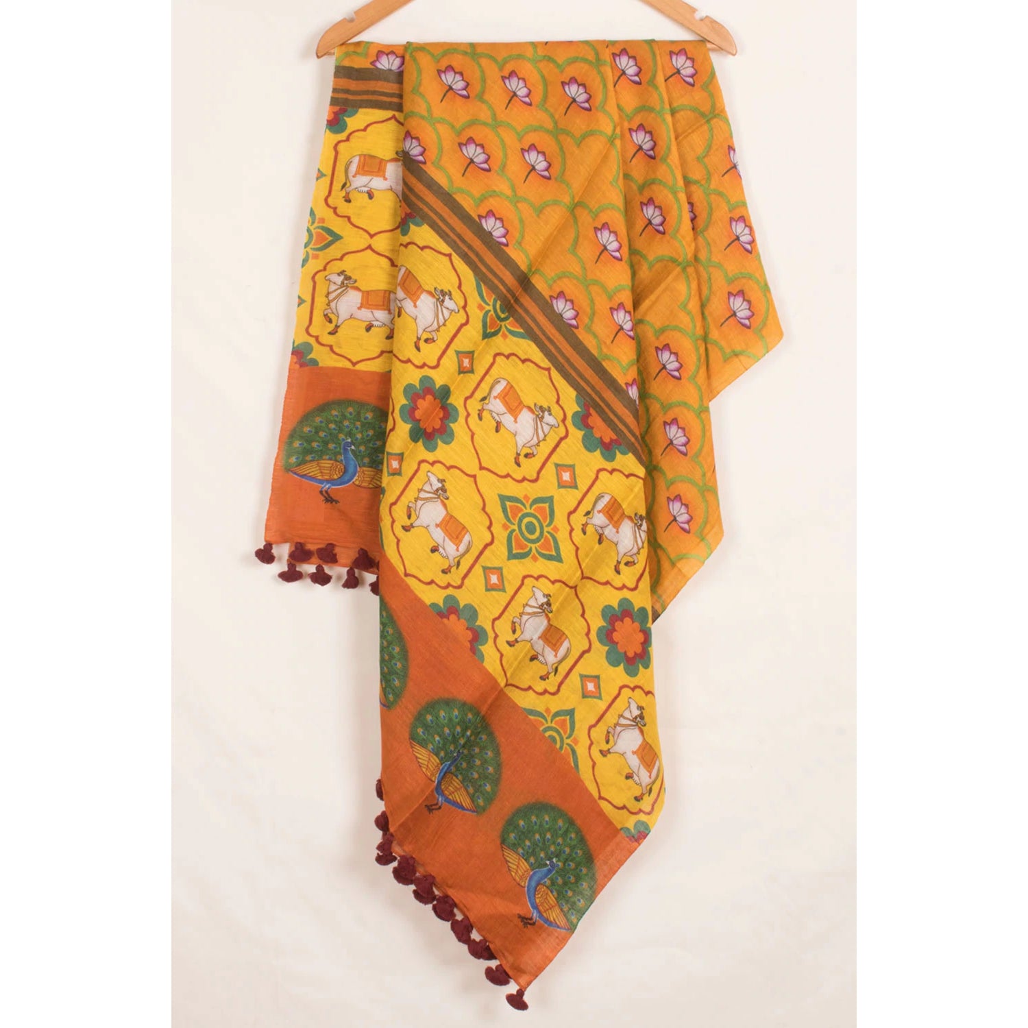 Pichwai Printed Tussar Linen Dupatta-Rutambhara-RUTAMBHARA