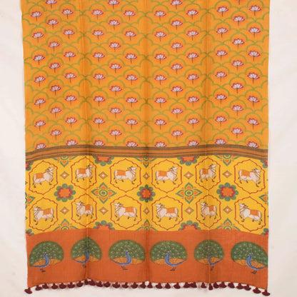Pichwai Printed Tussar Linen Dupatta-Rutambhara-RUTAMBHARA