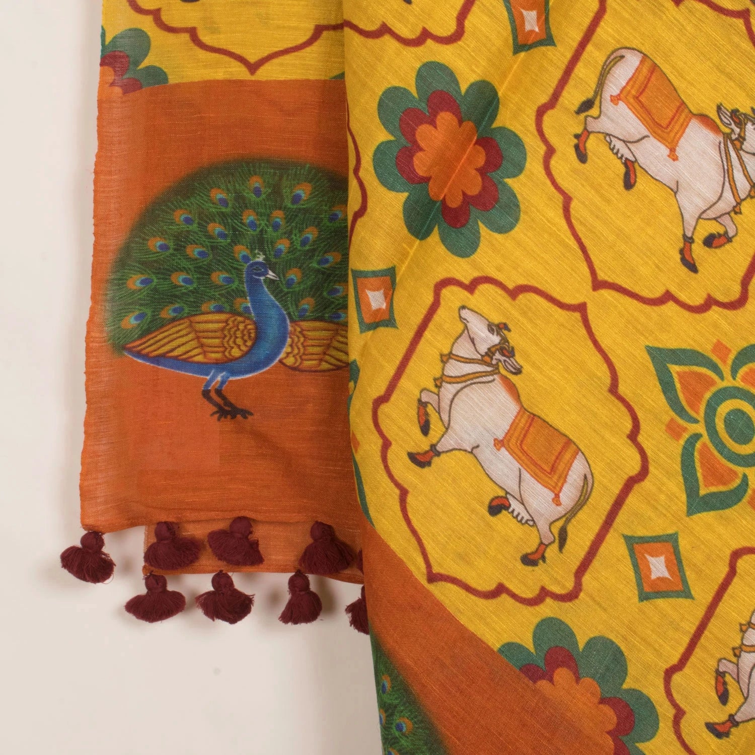 Pichwai Printed Tussar Linen Dupatta-Rutambhara-RUTAMBHARA