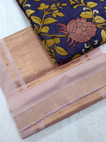 BHADRA - Elegant Blush Pink Pure Cotton Saree with Gold Border and Kalamkari Blouse-RUTAMBHARA-RUTAMBHARA