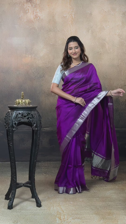 Bhadra - Violet Plain Handwoven Silk Saree With Silver Zari Border