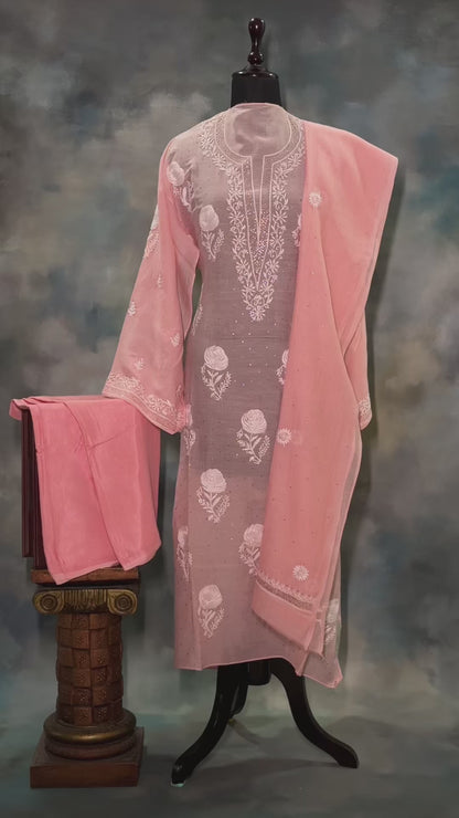 Blush Pink Mul Chanderi Lucknowi Suit Set