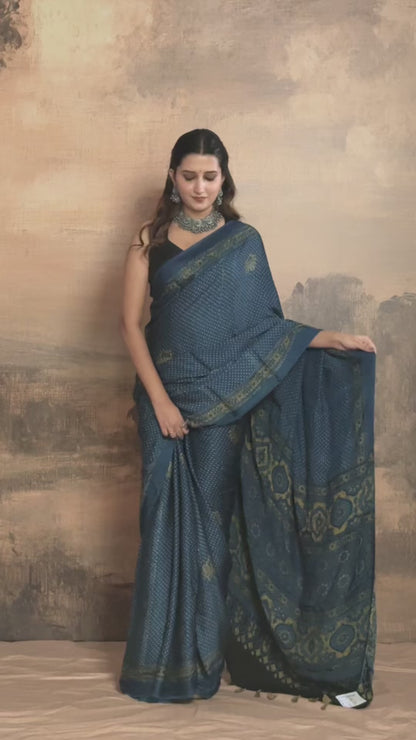 Ushraa - Indigo  Polka Dot Ajrakh Hand Block Printed Saree in Modal Silk