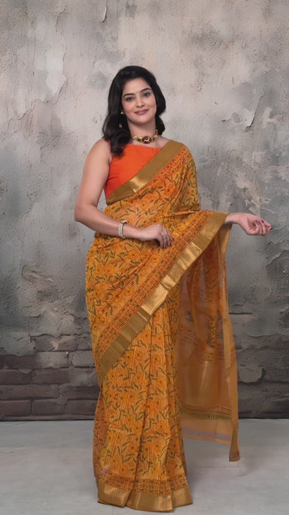 Siyahi - Mustard Orange Handwoven Hand Block Printed Gold Zari Border Cotton Saree