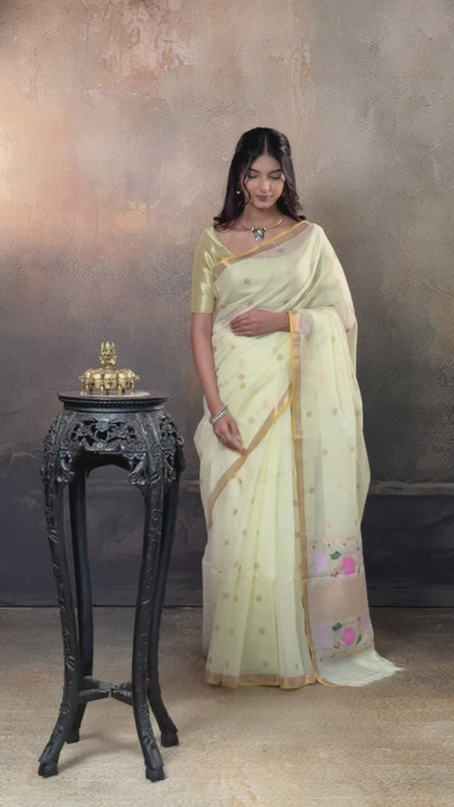Aliyah - Pastel Lime Yellow Handwoven Zari Kota Saree With Self Colour Blouse