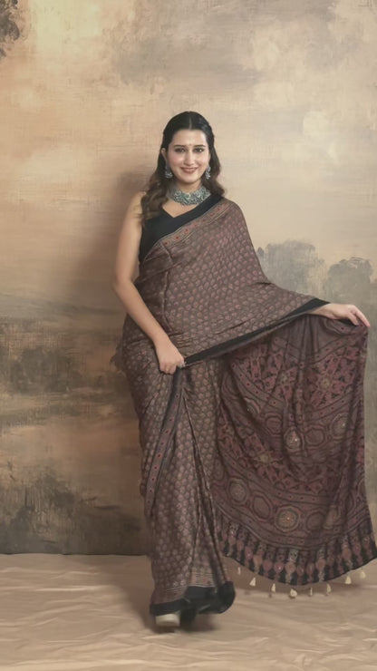 Ushraa - Sandstone Ajrakh Modal Silk Saree with Hand  Embroidered Pallu