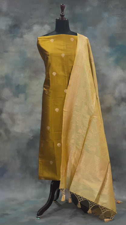 Noushk - Mustard and Sage Green Gold Buta Handwoven Pure Katan Silk Banarasi Suit