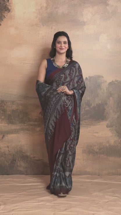 Ushraa - Grey Maroon Handcrafted Ajrakh Modal Silk Saree