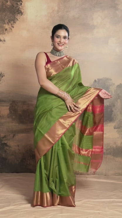 RAASTA - GREEN WITH DEEP PINK SELVEDGE AND GOLD ZARI CHATAI BORDER