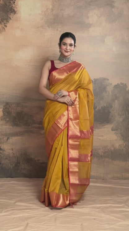 RAASTA - MUSTARD WITH DEEP PINK SELVEDGE AND GOLD ZARI CHATAI BORDER