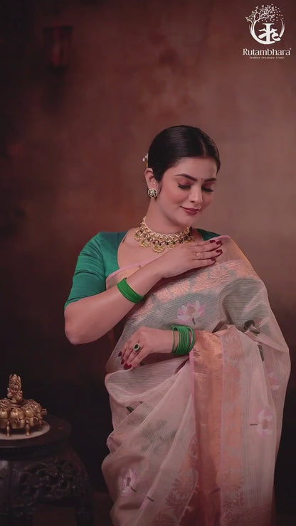 Aliyah - Beige Baby Pink Handwoven Zari Tissue Kota Saree With Soft Pink Blouse