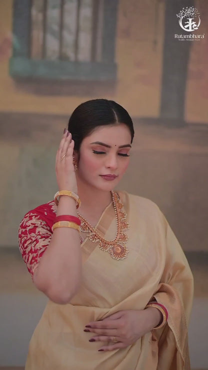 Bhadra - Beige Plain Handwoven And Handspun Silk Saree With Gold Zari Border