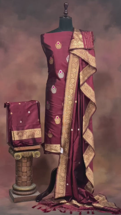 Noushk - Maroon Meenakari Buta Handwoven Pure Katan Silk Banarasi Full Suit