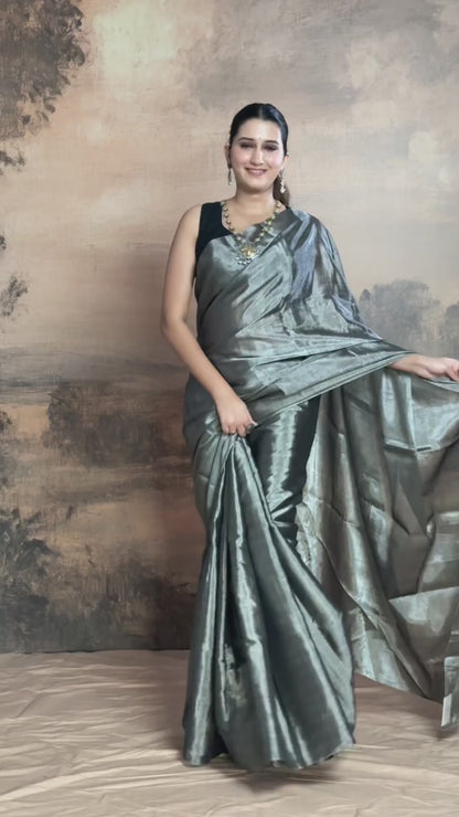 Swarvi - Silver Noir Handwoven Chanderi Tissue Saree