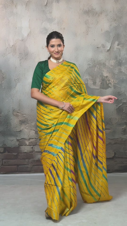 Dhanak - Mango Yellow Leheriya Saree In Tussar Silk